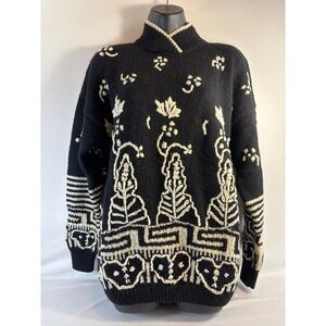 Roberta Freymann Hand Knit Wool Black Embroidered Sweater M Vintage Heritage
